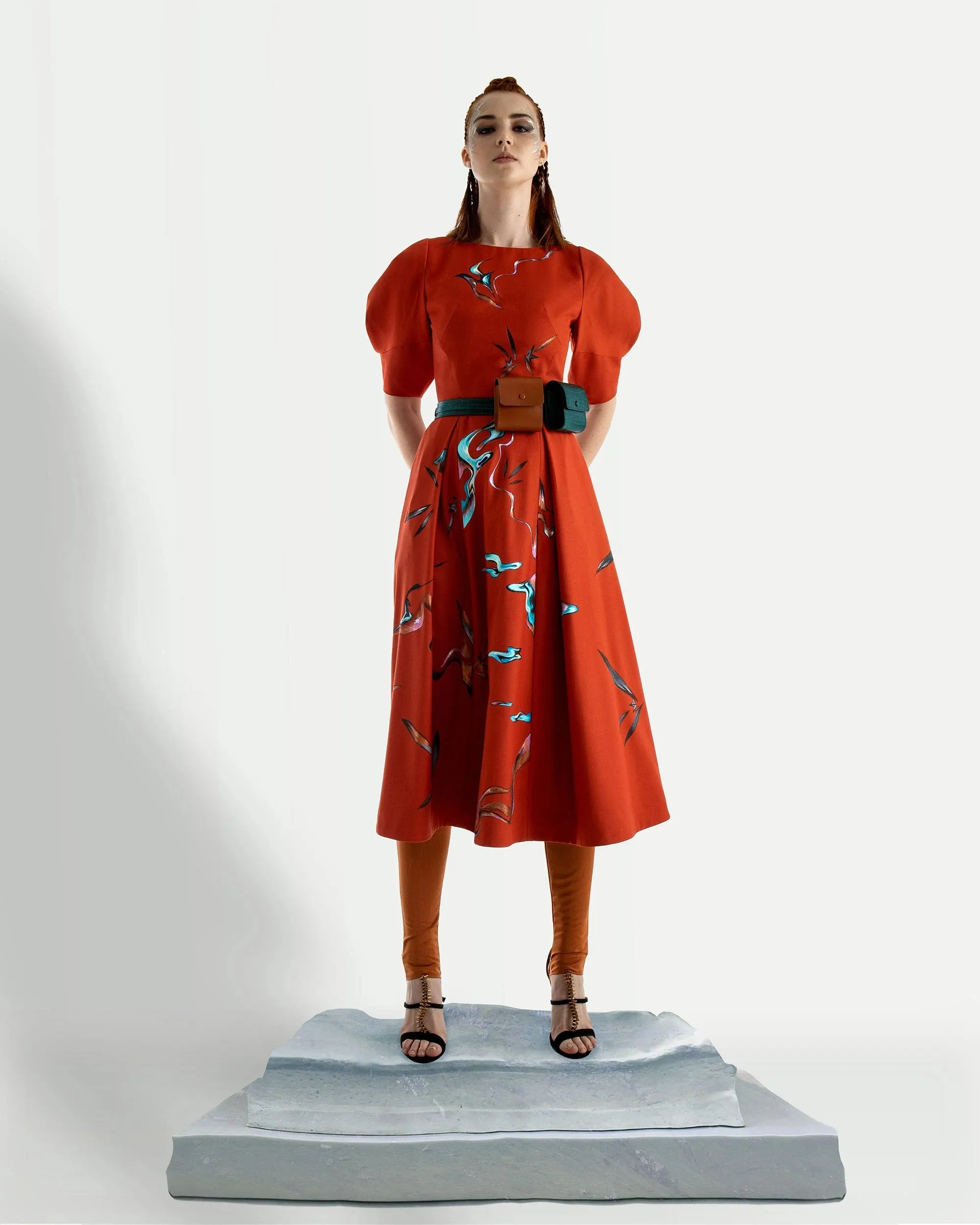Shadow of The Sun-Painted Puff Sleeve Orange Midi Dress