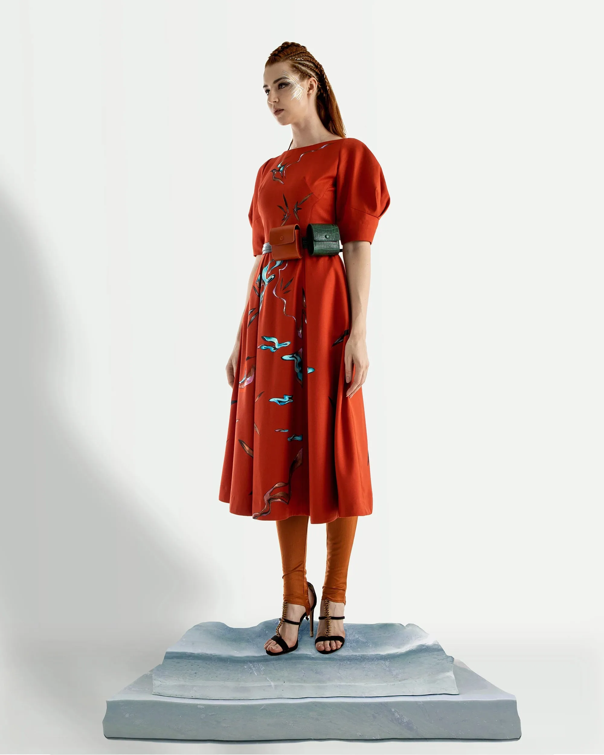 Shadow of The Sun-Painted Puff Sleeve Orange Midi Dress