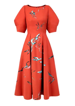 Shadow of The Sun-Painted Puff Sleeve Orange Midi Dress