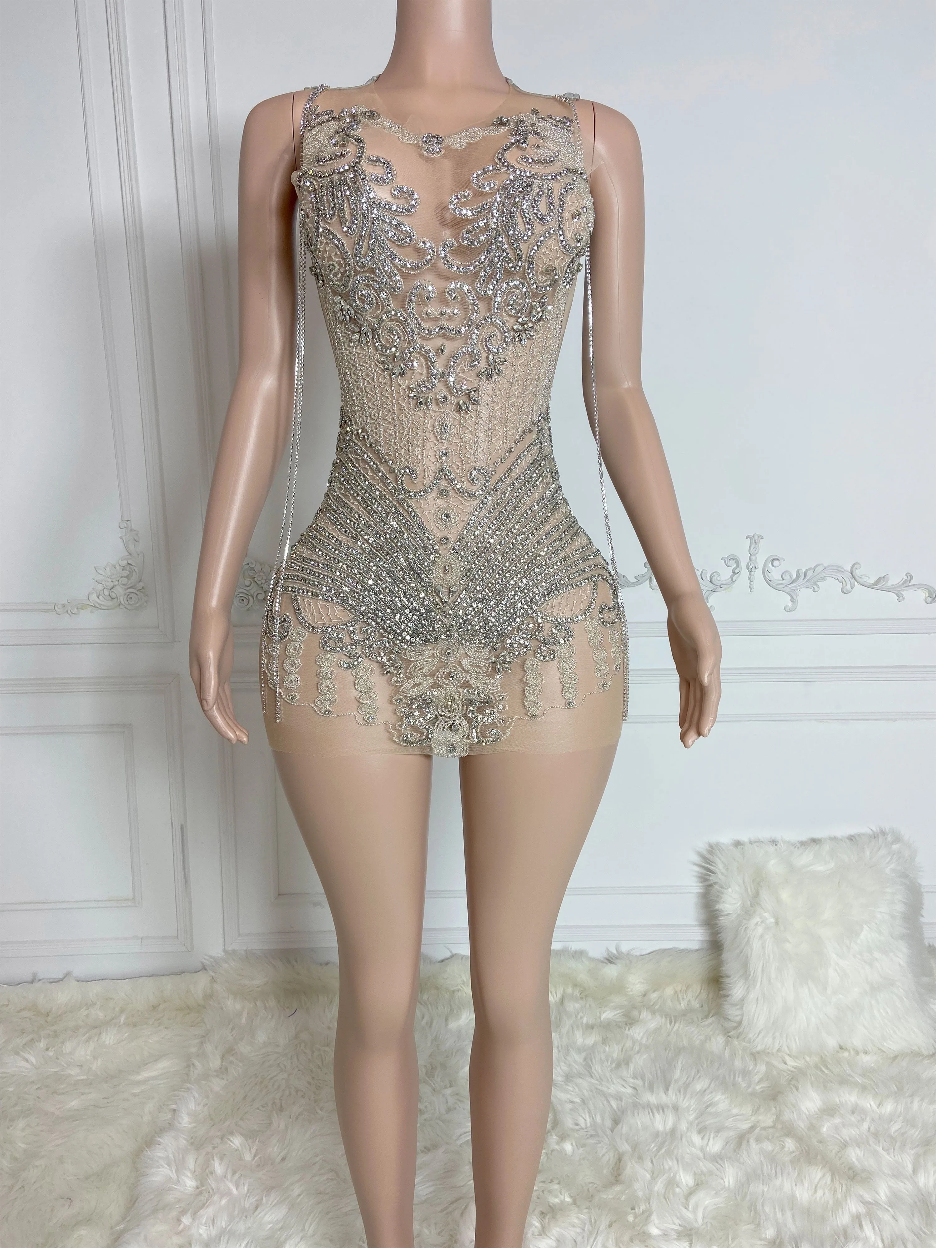 Silver Sparkle Chain Sleeveless Mini Dress