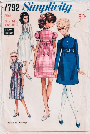 Simplicity 7792 Womens High Waisted Puffy Sleeved Dress 1960s Vintage Sewing Pattern Size 14 Bust 36 inches