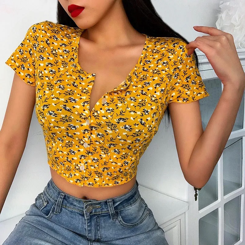 Single-breasted cardigan sexy short floral T-shirt jacket