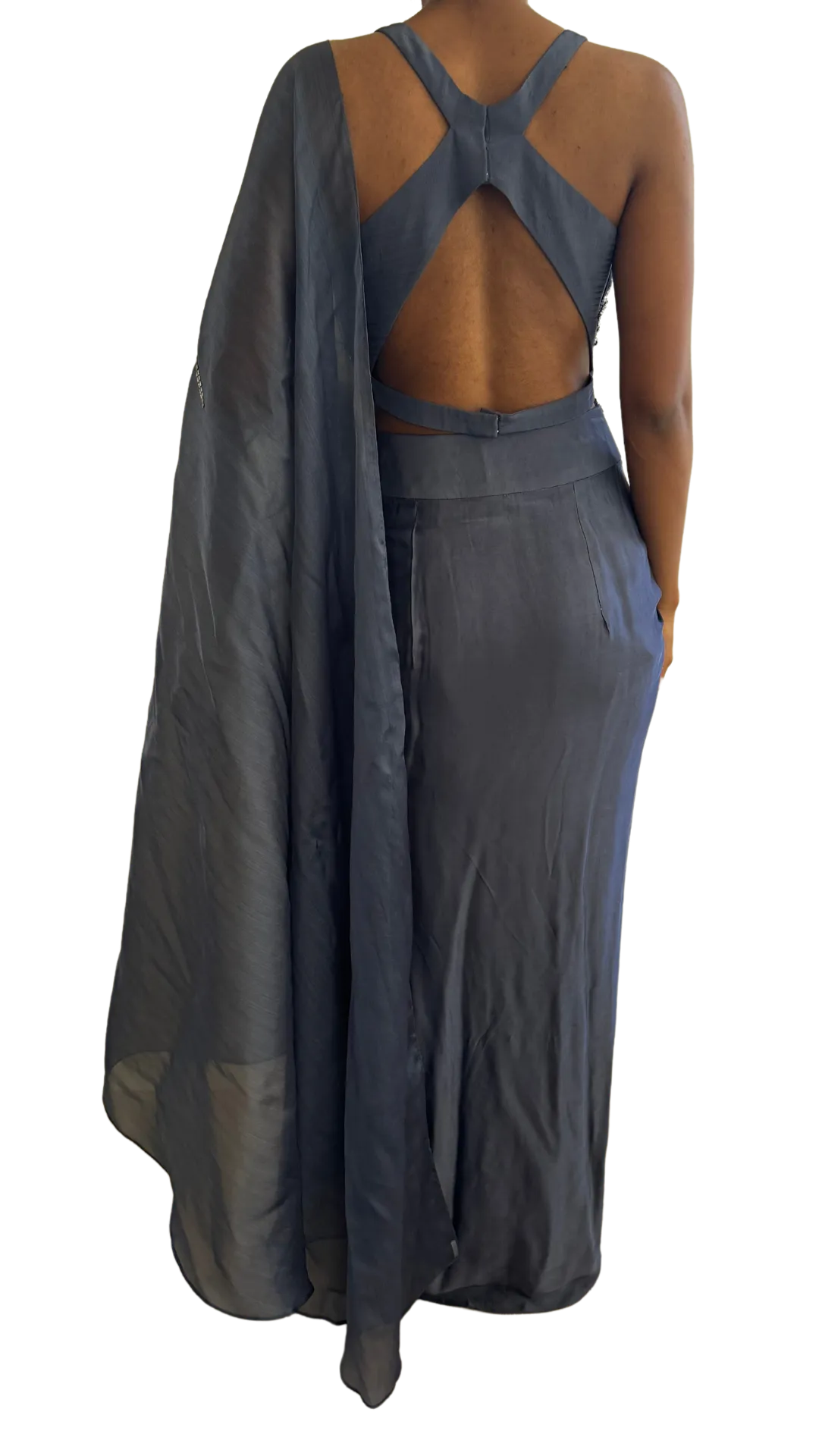Smoky Blue Sari with Silver Blend Beading