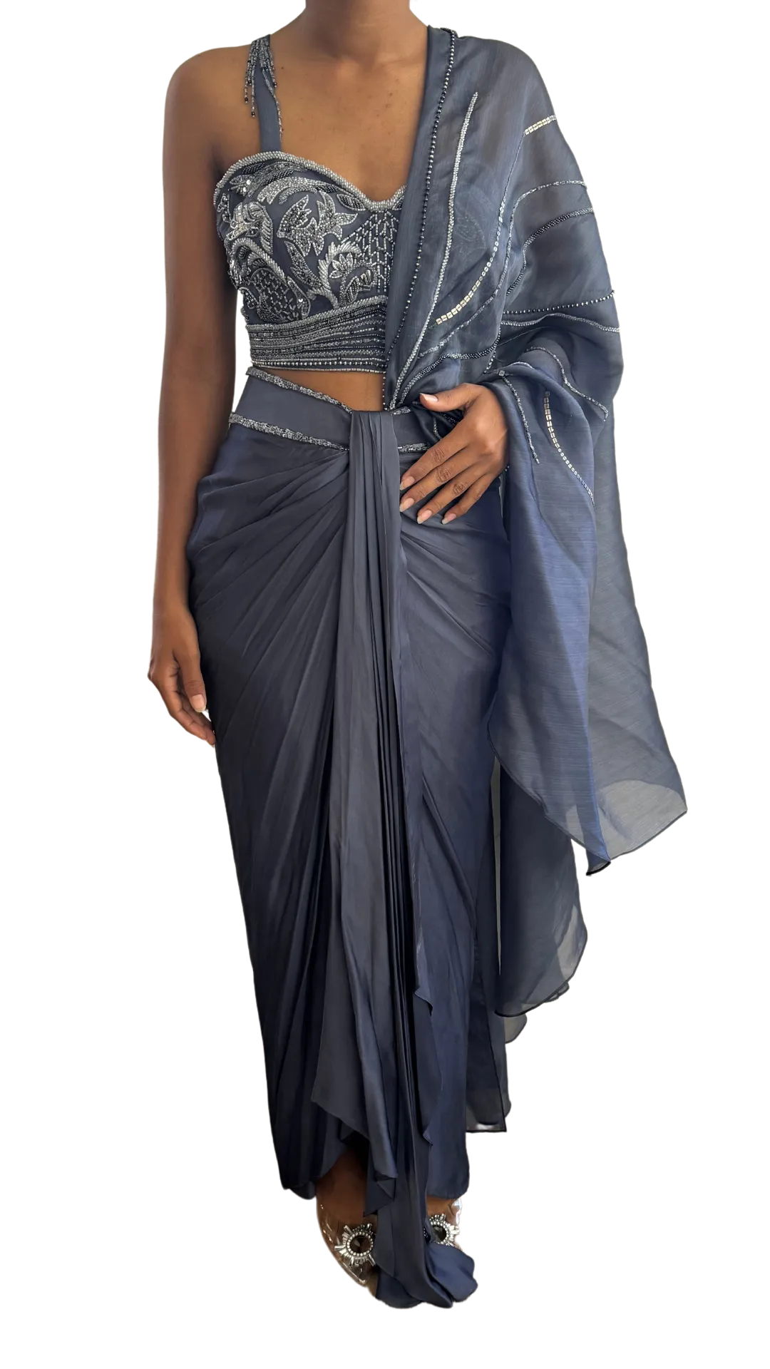Smoky Blue Sari with Silver Blend Beading