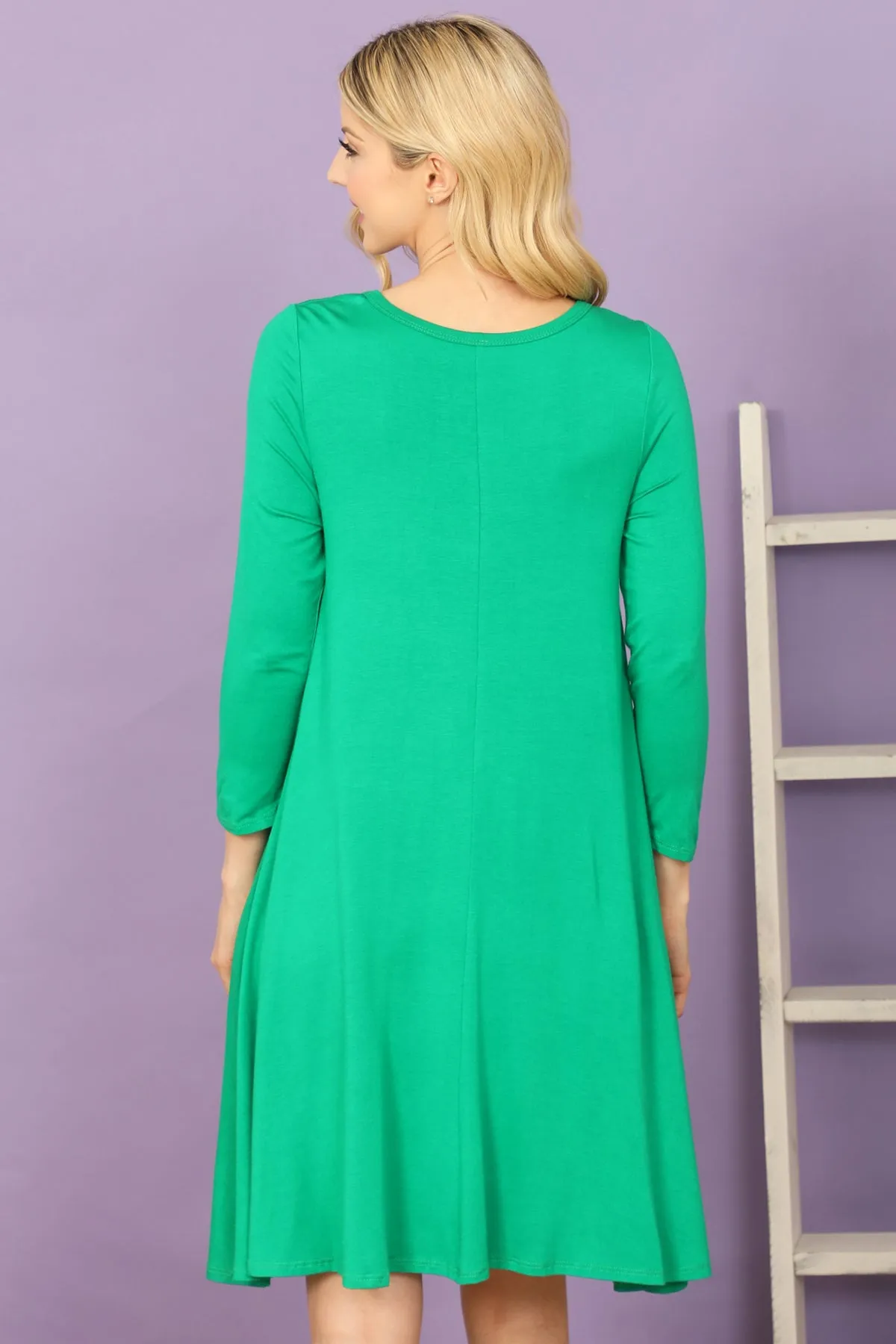 Solid Boat Neck Quarter Sleeve Side Pocket Dress