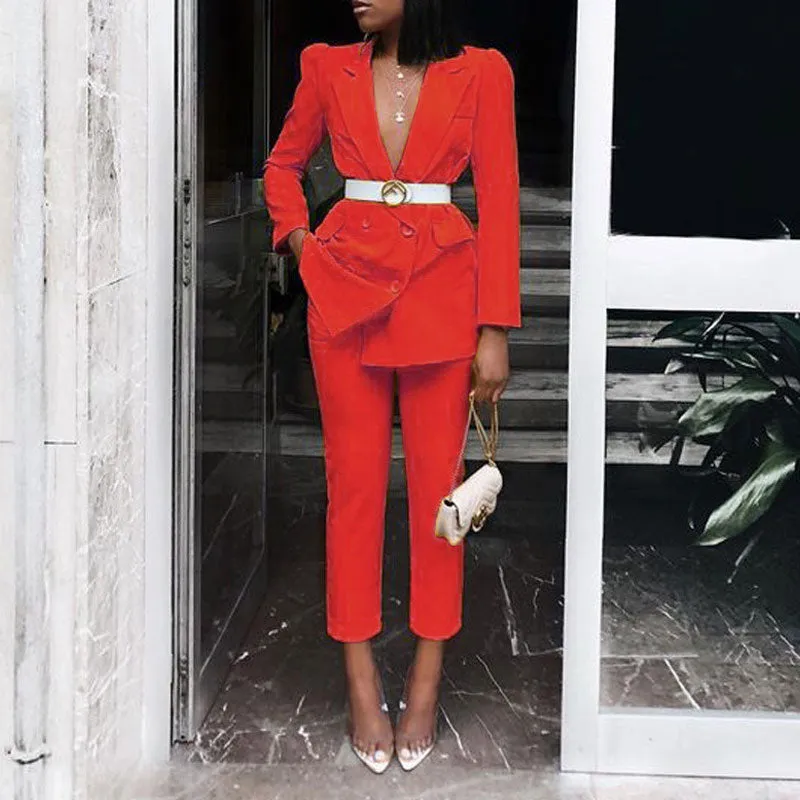 Solid Deep V-Neck Blazer Coat & Pants Set