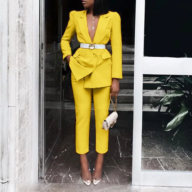 Solid Deep V-Neck Blazer Coat & Pants Set