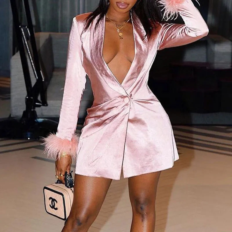 Solid Deep V-Neck Long Sleeve Feather Design Blazer Coat