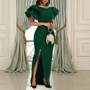 Solid Round Neck Ruffle Design High Slit Maxi Dress