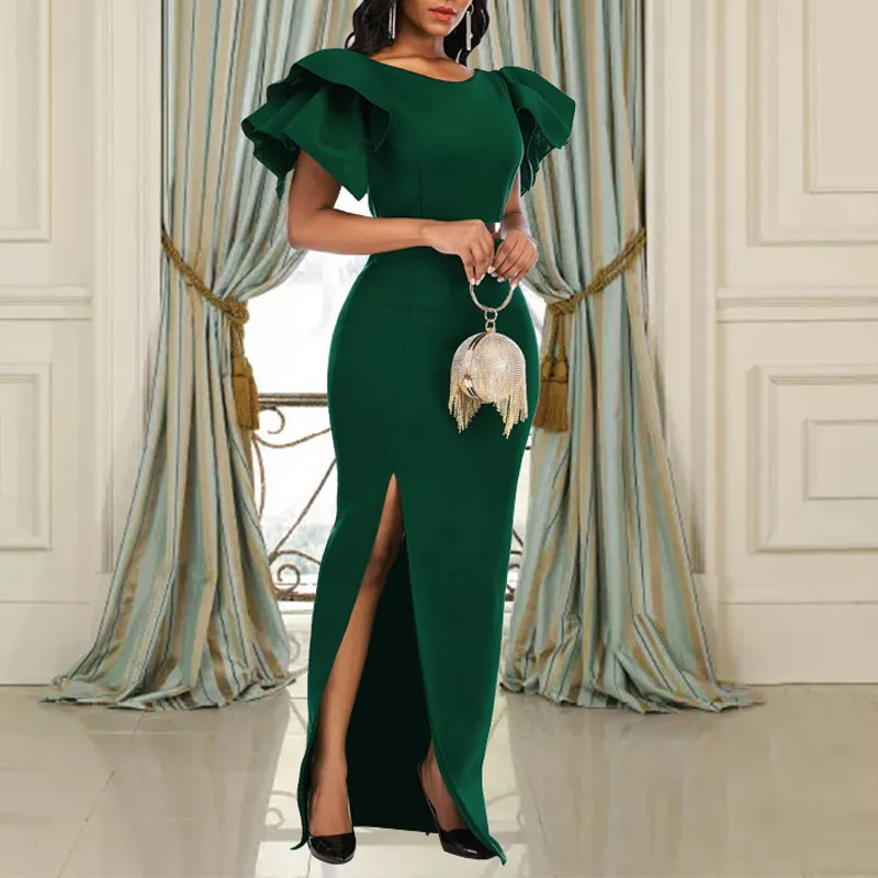 Solid Round Neck Ruffle Design High Slit Maxi Dress