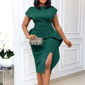 Solid Round Neck Sleeveless Slit Midi Dress