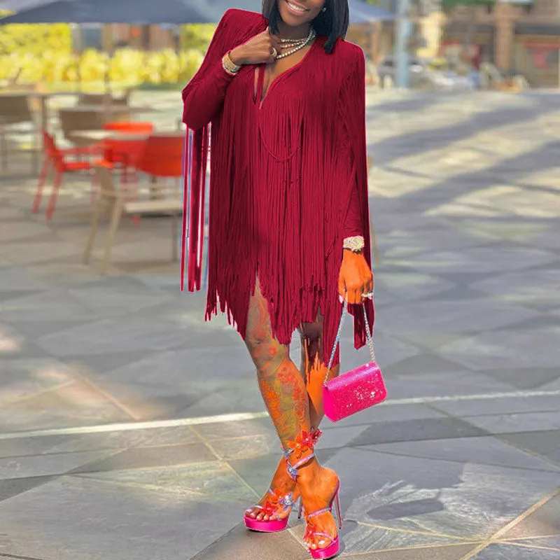 Solid V-Neck Long Sleeve Tassel Design Party Dress