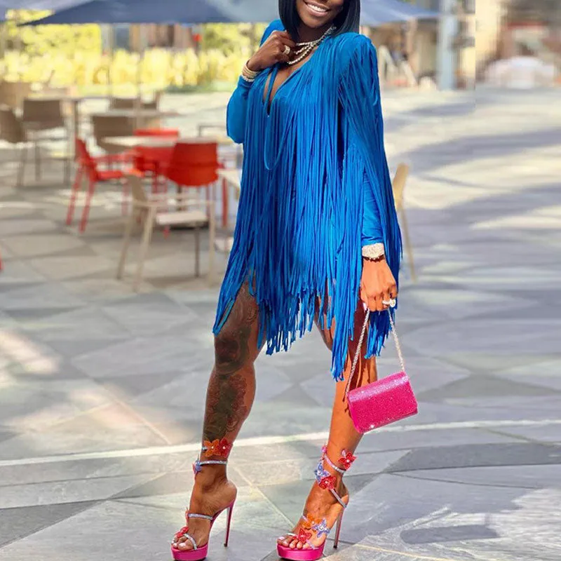 Solid V-Neck Long Sleeve Tassel Design Party Dress
