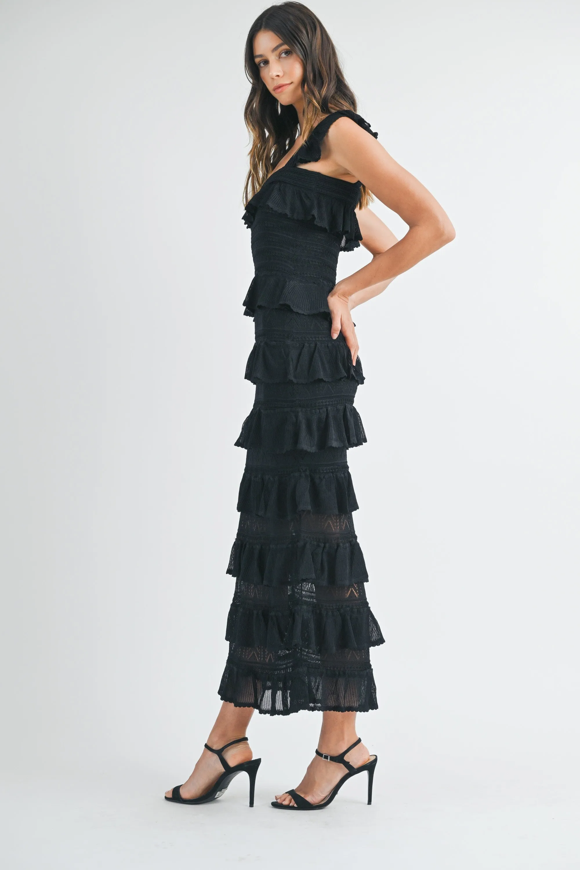 SQUARE NECK RUFFLE TIERED KNIT MIDI DRESS