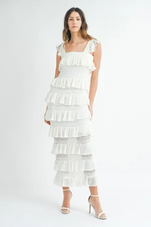 SQUARE NECK RUFFLE TIERED KNIT MIDI DRESS