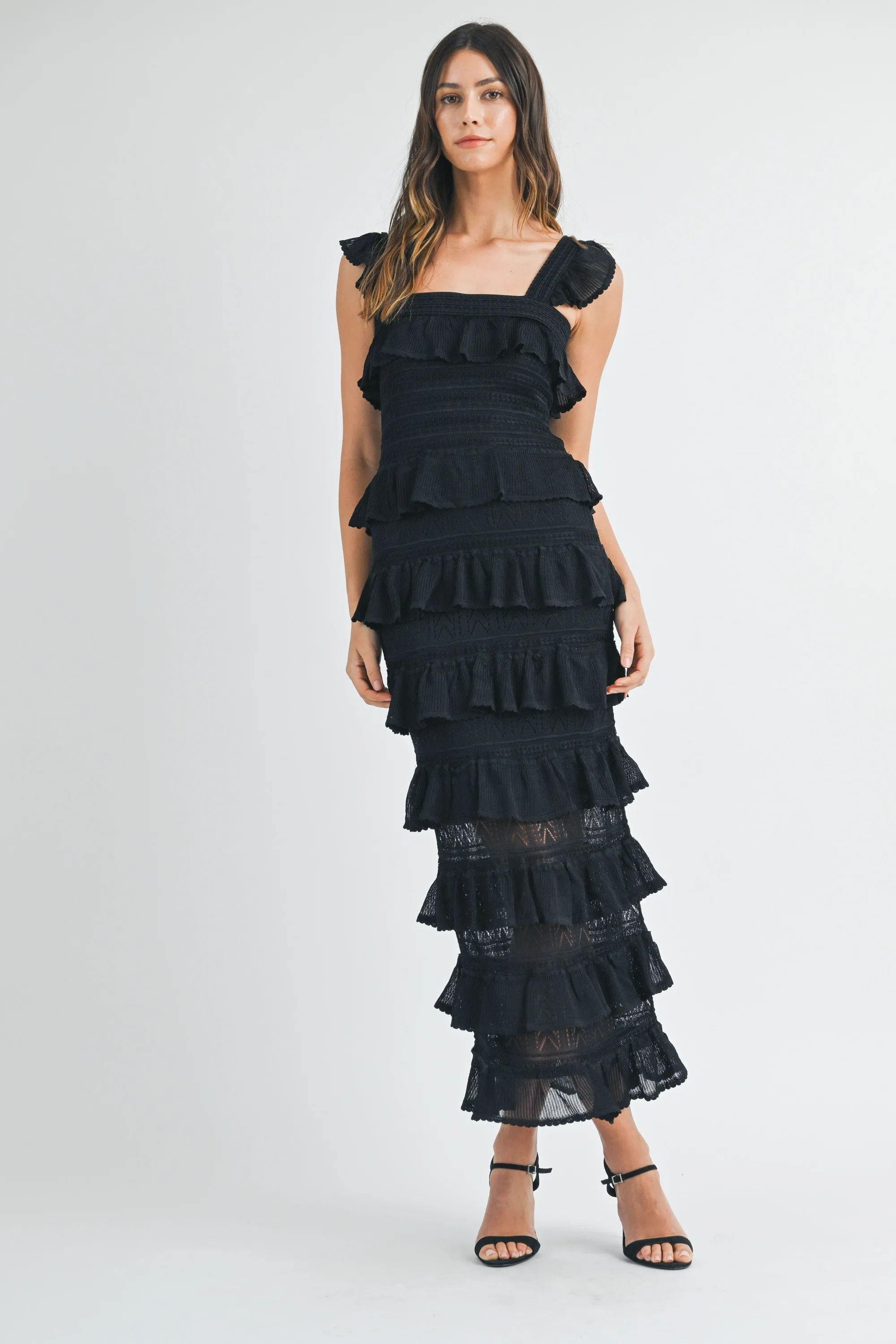 SQUARE NECK RUFFLE TIERED KNIT MIDI DRESS