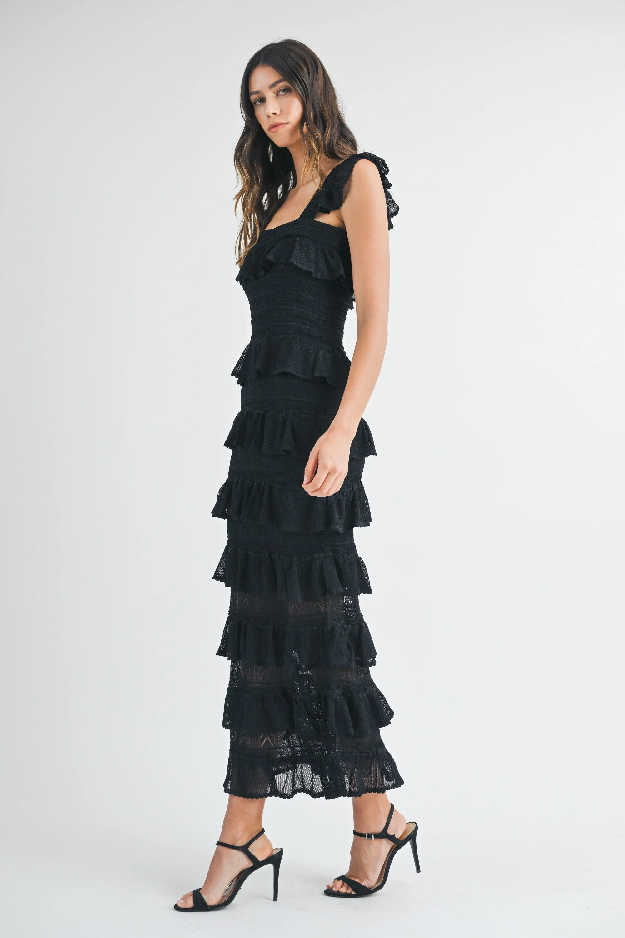 SQUARE NECK RUFFLE TIERED KNIT MIDI DRESS