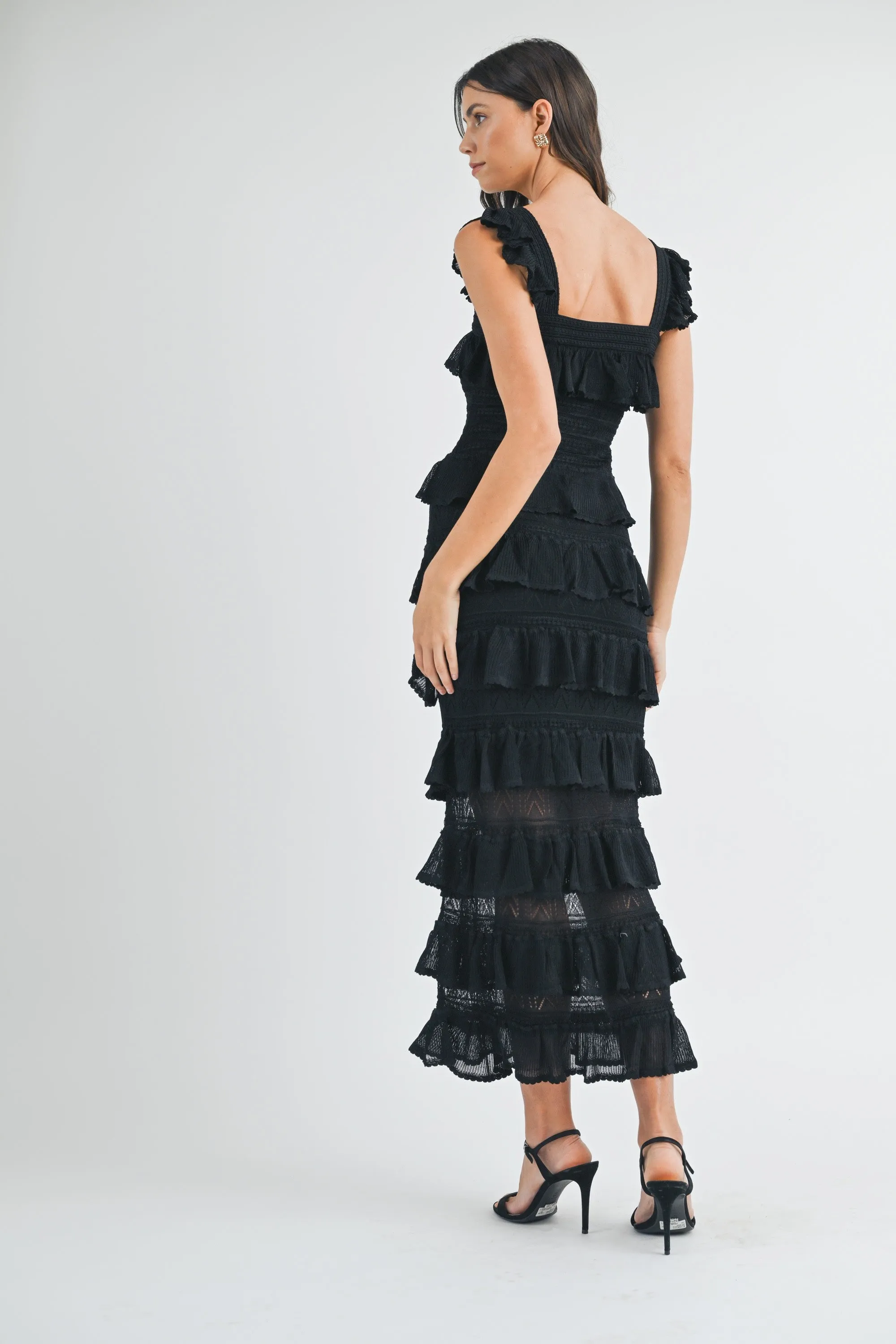 SQUARE NECK RUFFLE TIERED KNIT MIDI DRESS