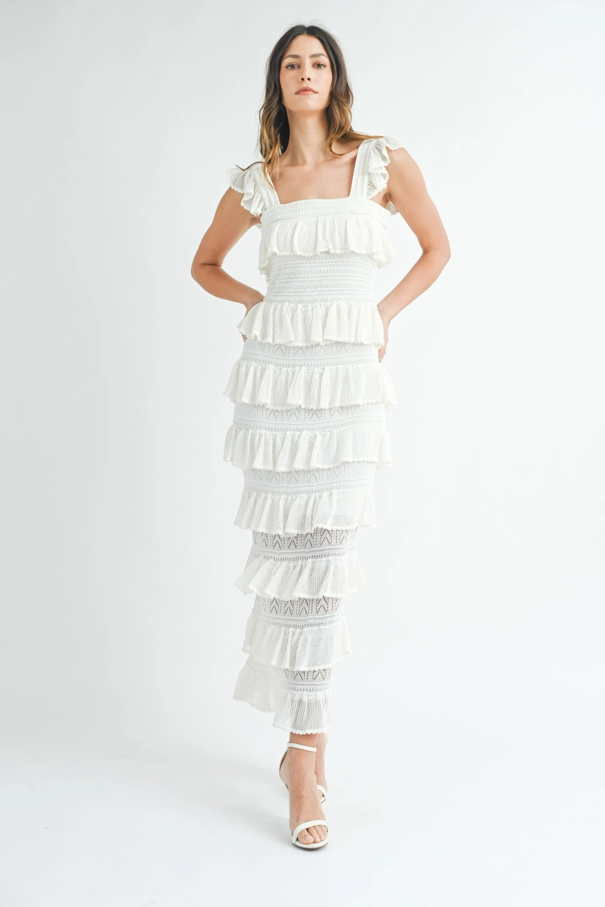 SQUARE NECK RUFFLE TIERED KNIT MIDI DRESS