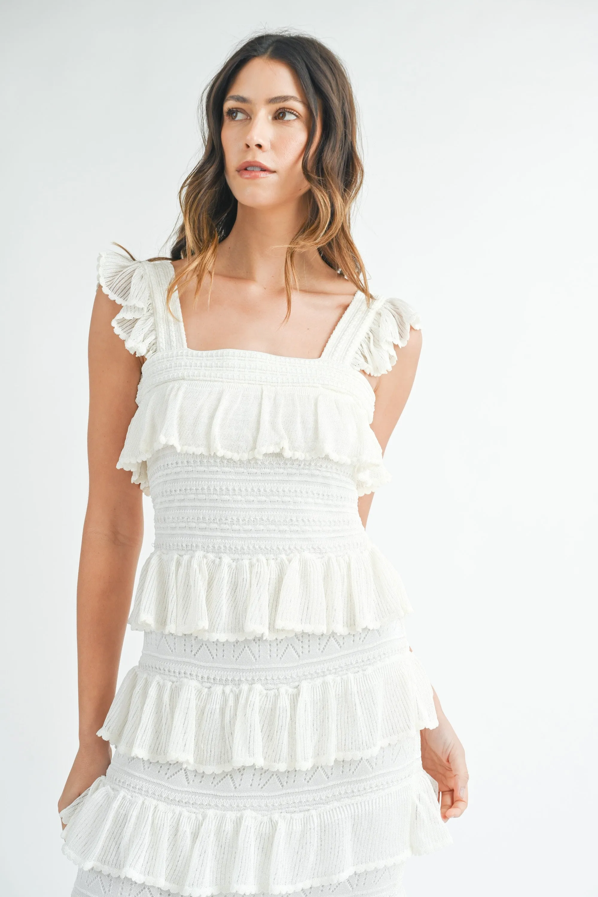 SQUARE NECK RUFFLE TIERED KNIT MIDI DRESS