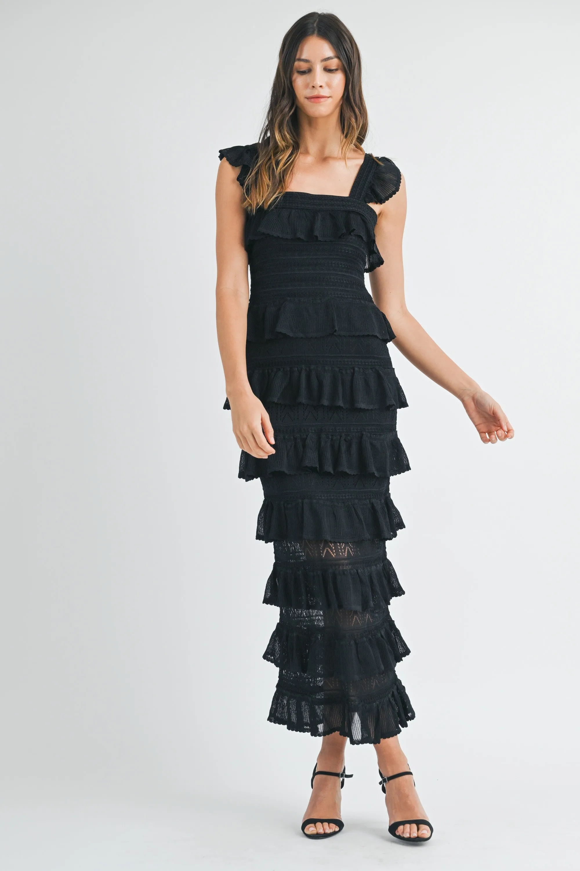 SQUARE NECK RUFFLE TIERED KNIT MIDI DRESS
