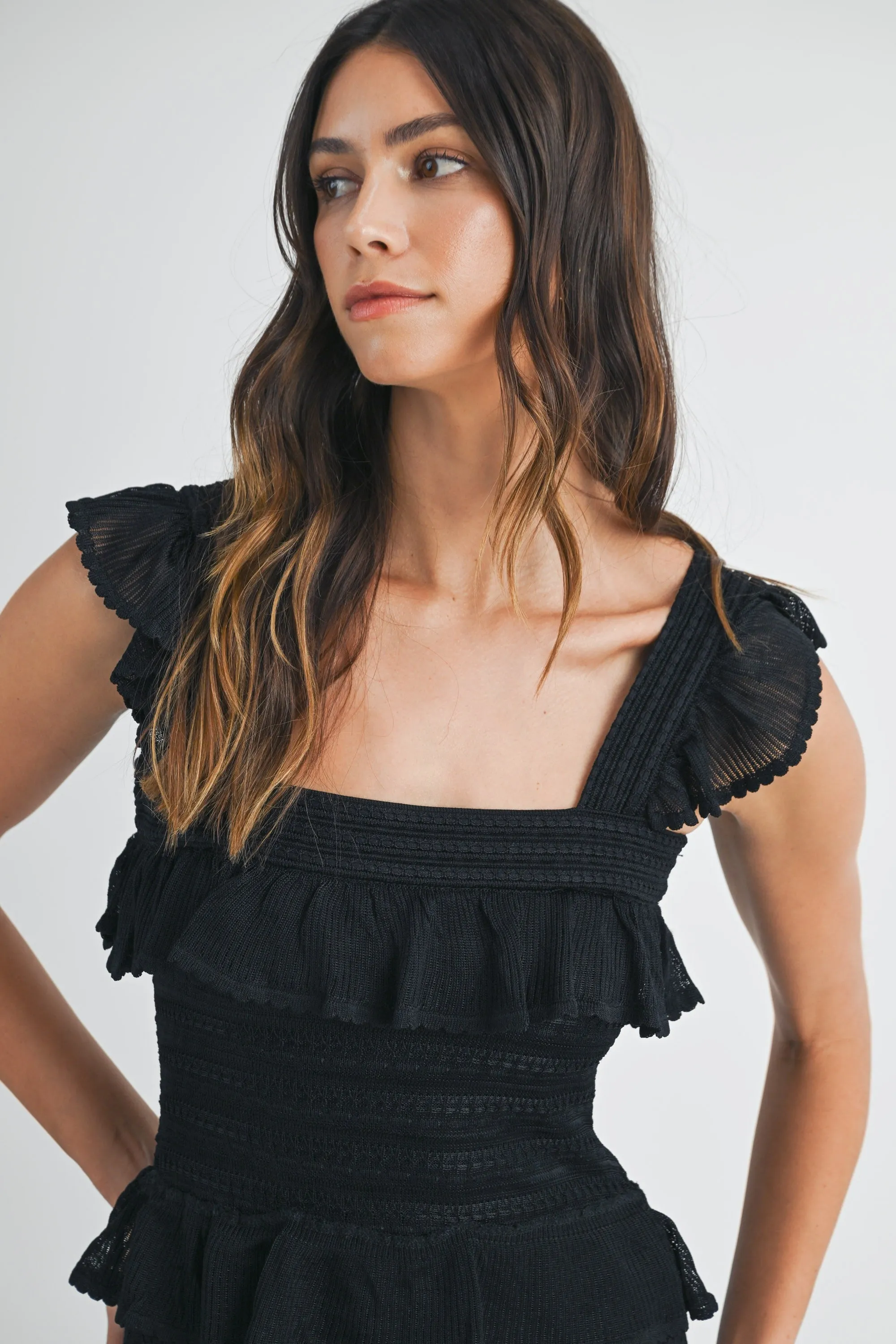 SQUARE NECK RUFFLE TIERED KNIT MIDI DRESS