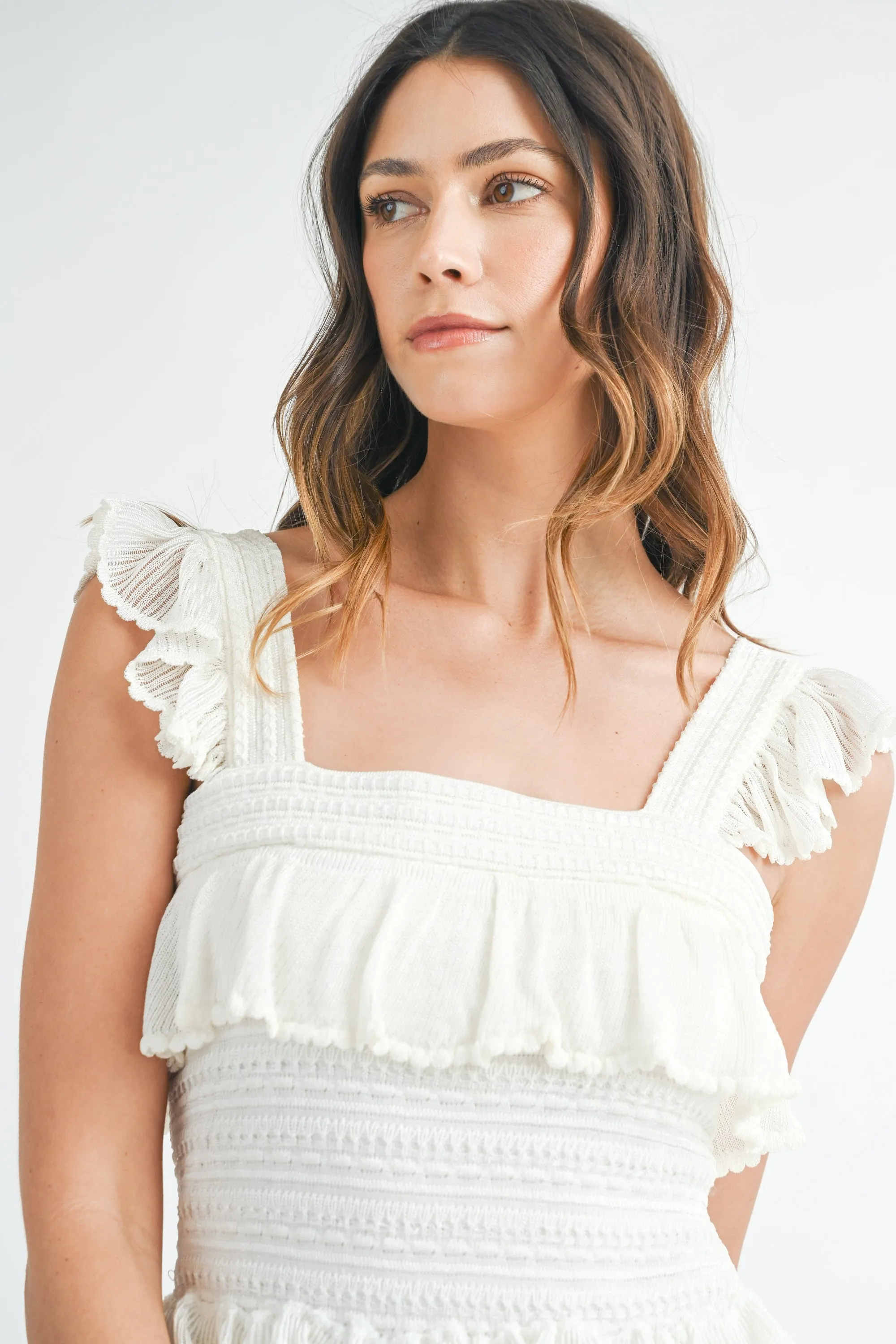 SQUARE NECK RUFFLE TIERED KNIT MIDI DRESS