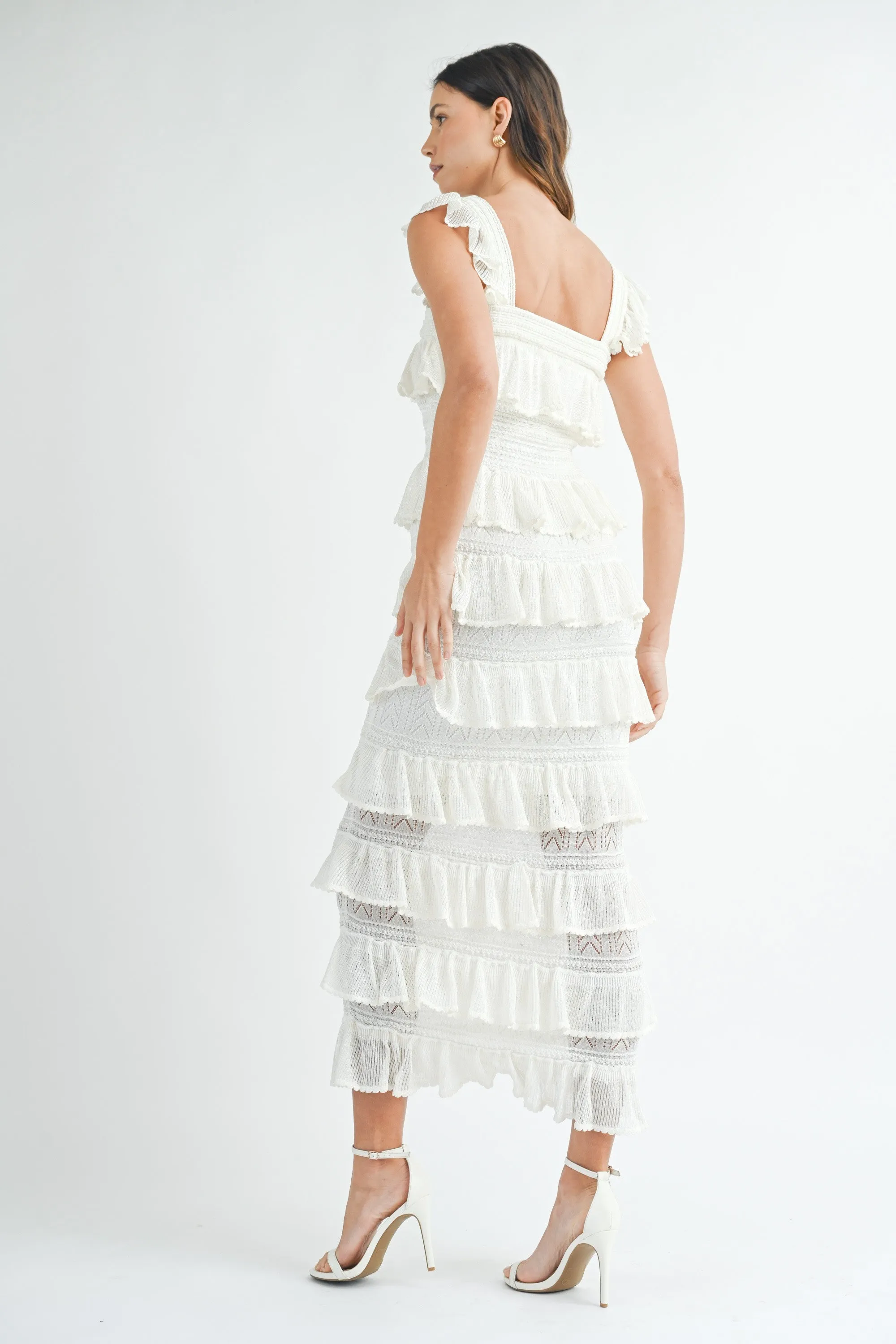 SQUARE NECK RUFFLE TIERED KNIT MIDI DRESS
