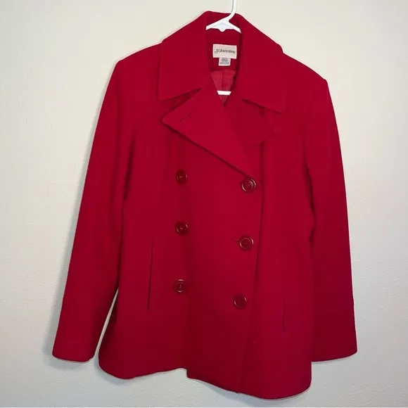 St. John’s Bay Cranberry Double Breasted Wool Pea Coat With Red Leather Gloves