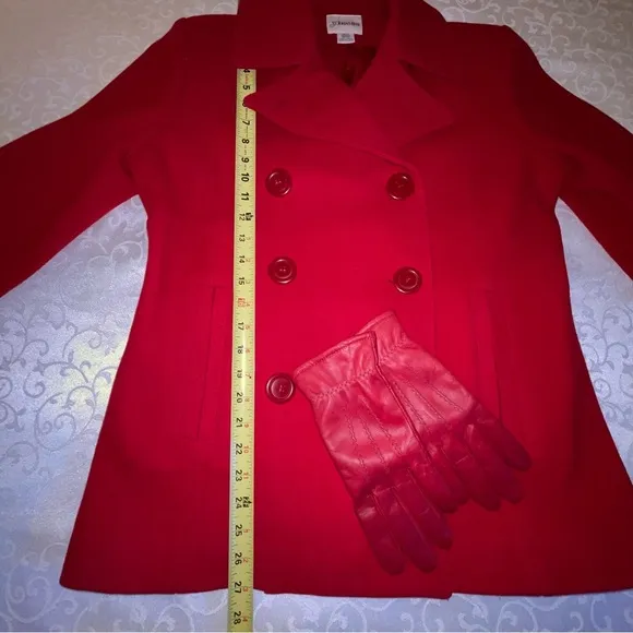 St. John’s Bay Cranberry Double Breasted Wool Pea Coat With Red Leather Gloves