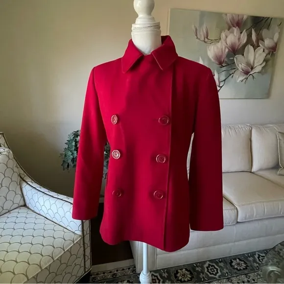 St. John’s Bay Cranberry Double Breasted Wool Pea Coat With Red Leather Gloves