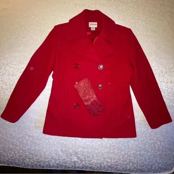 St. John’s Bay Cranberry Double Breasted Wool Pea Coat With Red Leather Gloves