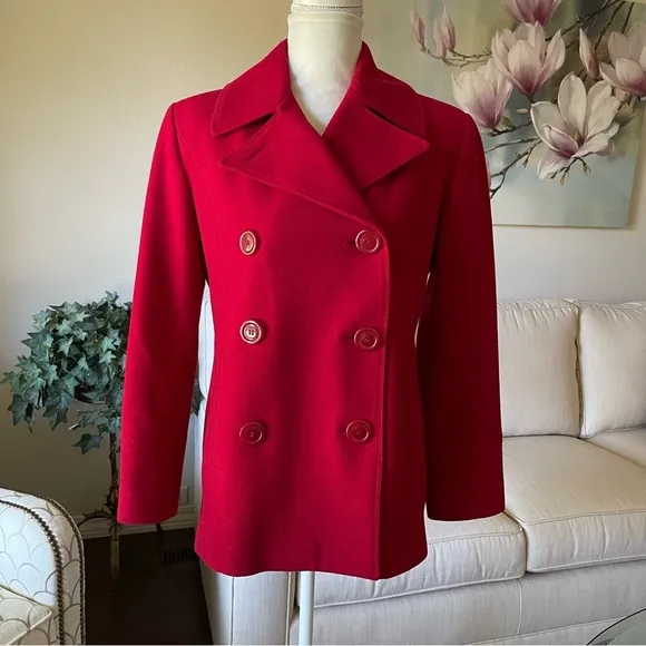 St. John’s Bay Cranberry Double Breasted Wool Pea Coat With Red Leather Gloves