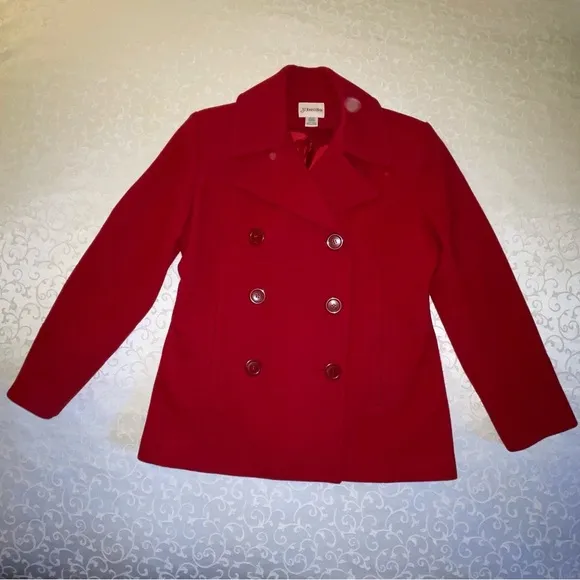 St. John’s Bay Cranberry Double Breasted Wool Pea Coat With Red Leather Gloves