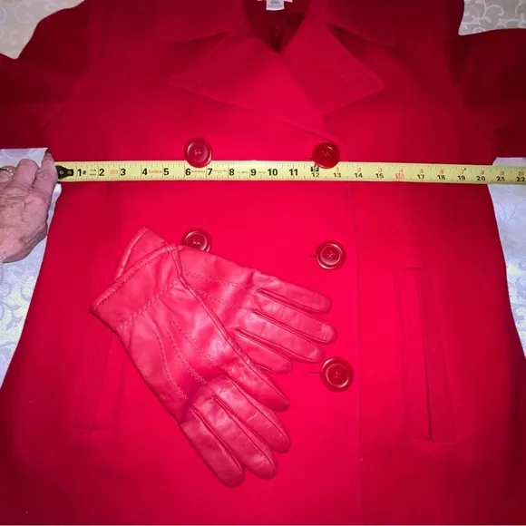 St. John’s Bay Cranberry Double Breasted Wool Pea Coat With Red Leather Gloves
