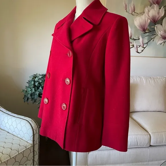 St. John’s Bay Cranberry Double Breasted Wool Pea Coat With Red Leather Gloves
