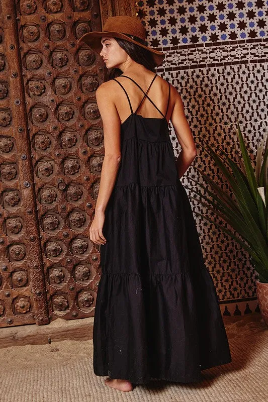 Strappy Black Tiered Poplin Dress