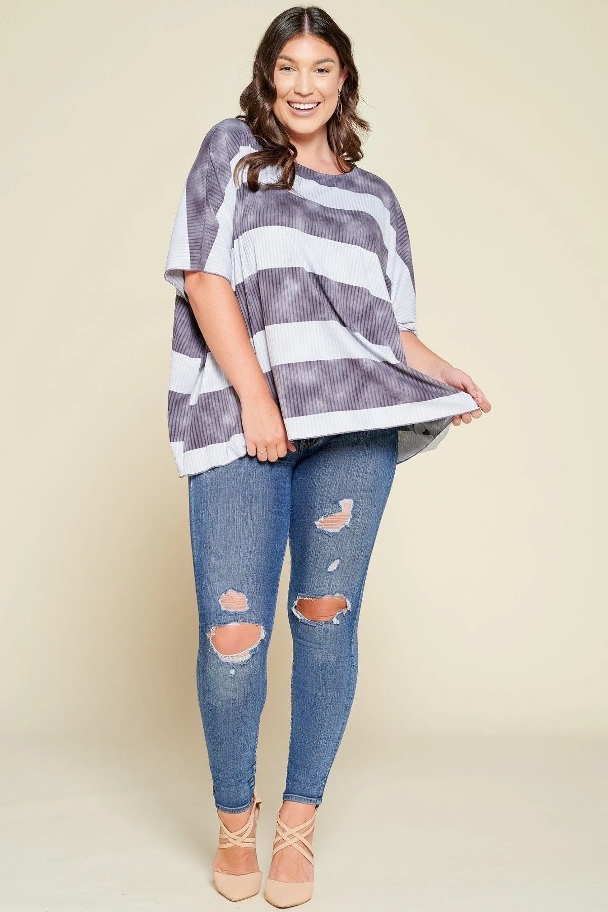 Stripe Printed Pleated Blouse Featuring A Boat Neckline And 1/2 Sleeves