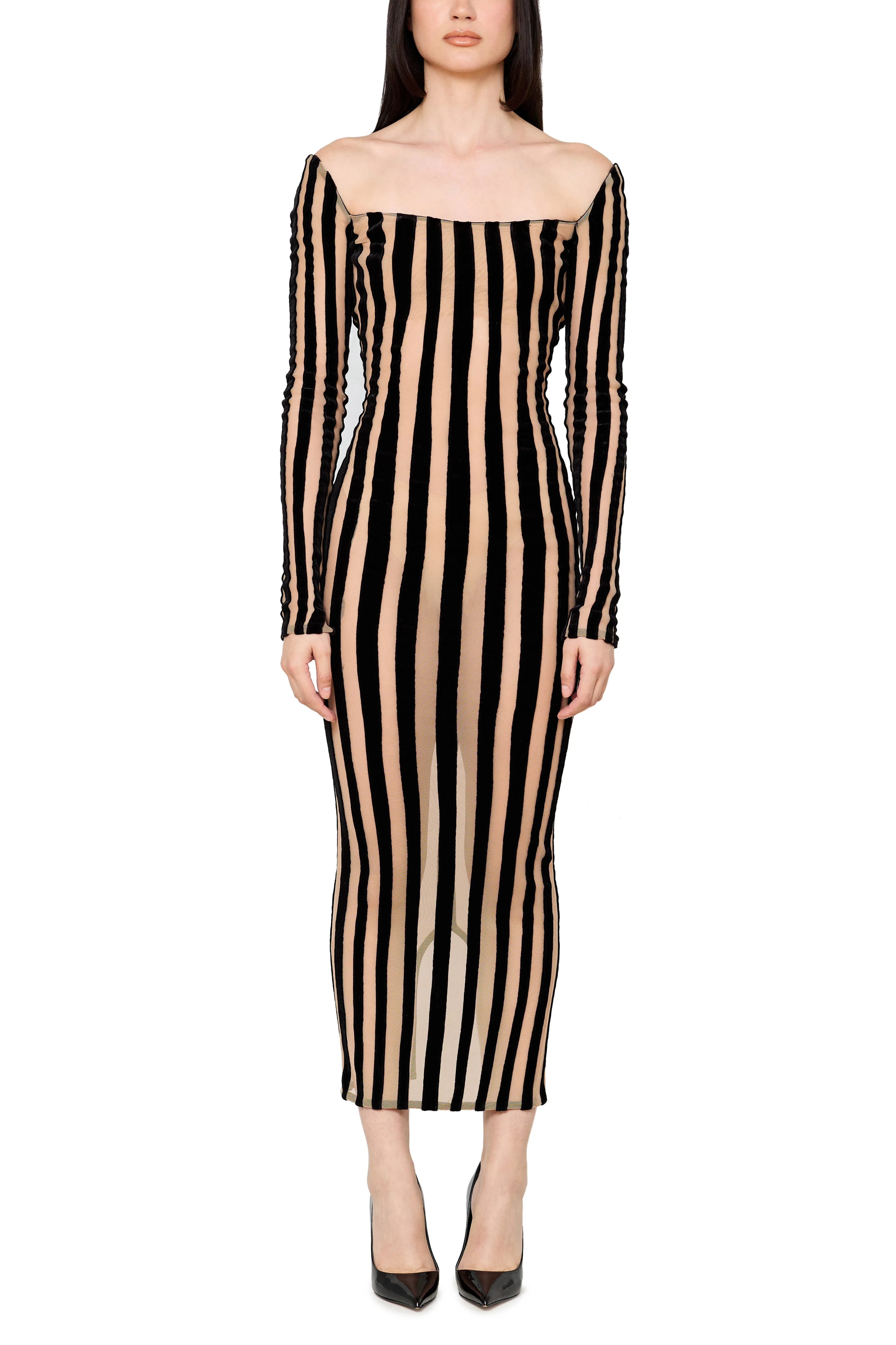Striped Boat Neck Mid Length Gown