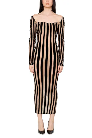 Striped Boat Neck Mid Length Gown