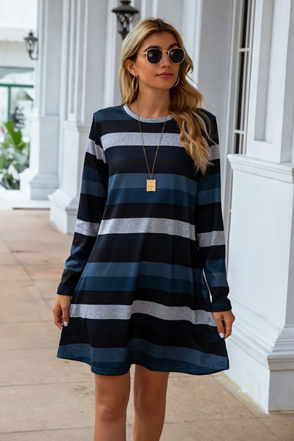 Striped Round Neck Long Sleeve Dress (4 Colors)