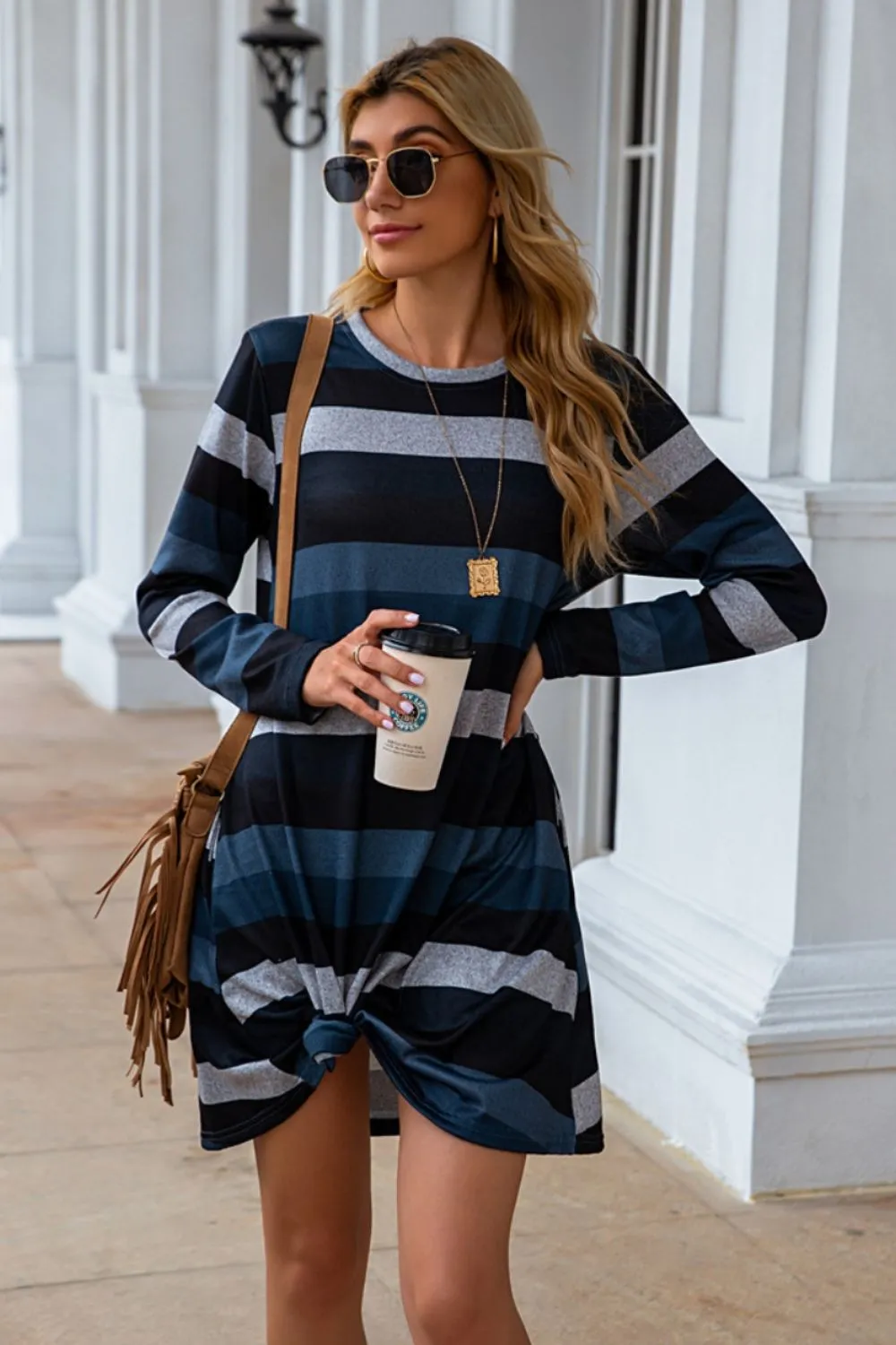 Striped Round Neck Long Sleeve Dress (4 Colors)