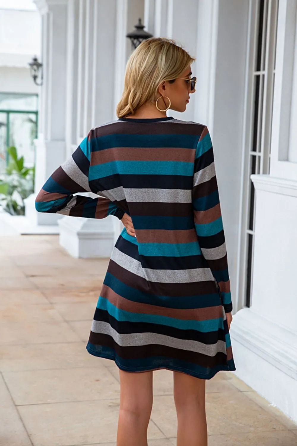 Striped Round Neck Long Sleeve Dress (4 Colors)