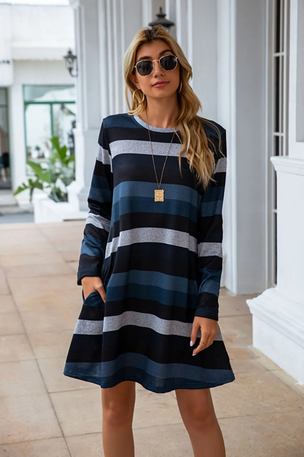 Striped Round Neck Long Sleeve Dress (4 Colors)