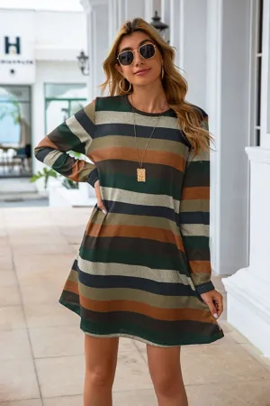 Striped Round Neck Long Sleeve Dress (4 Colors)