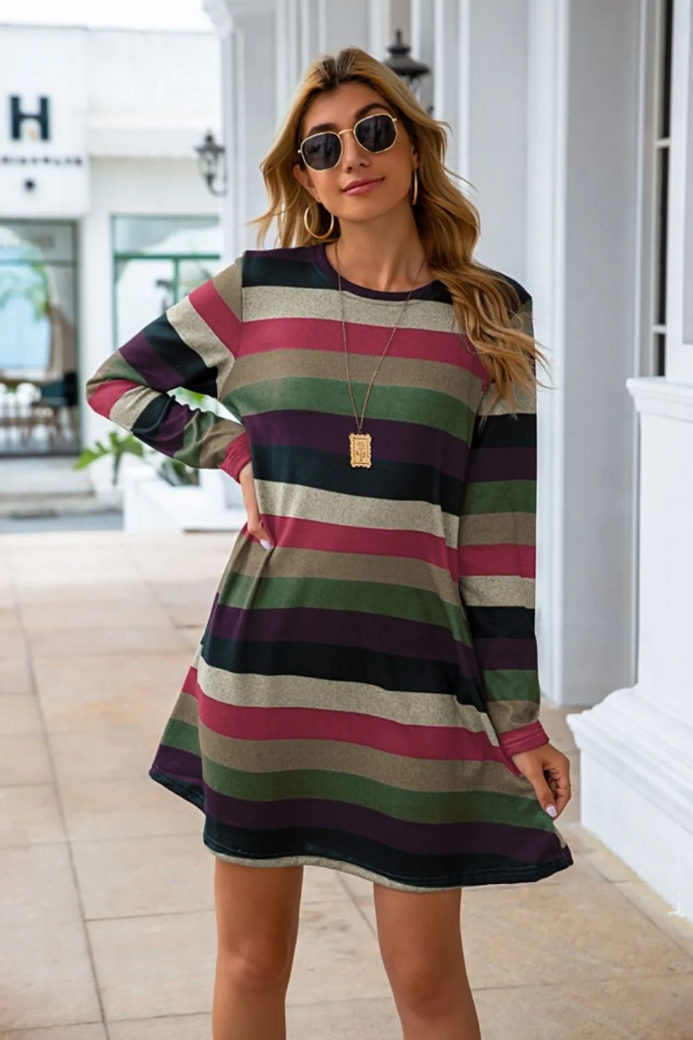 Striped Round Neck Long Sleeve Dress (4 Colors)