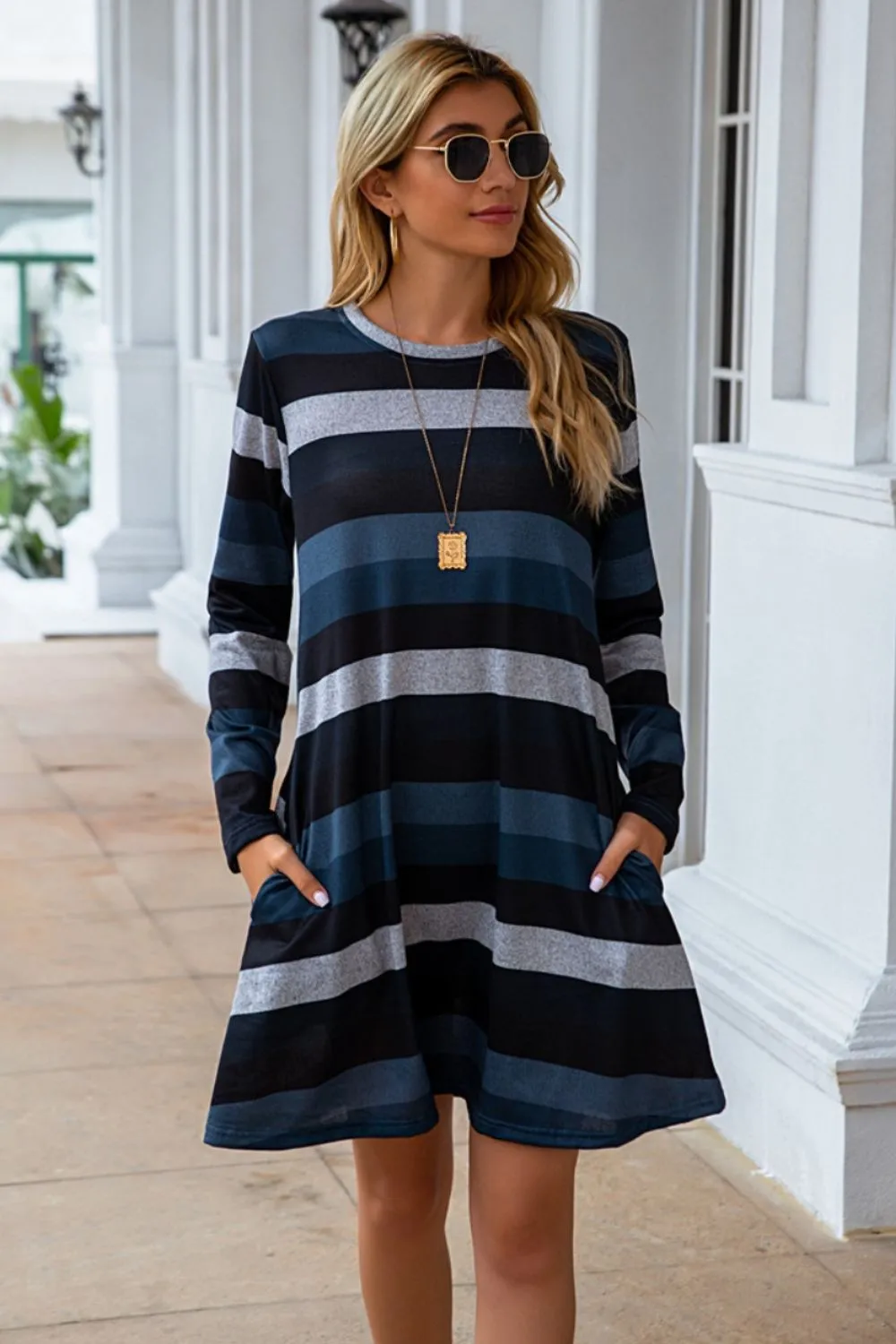Striped Round Neck Long Sleeve Dress (4 Colors)