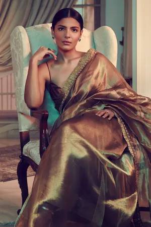SUNEHRI Organza Tissue Saree & Blouse