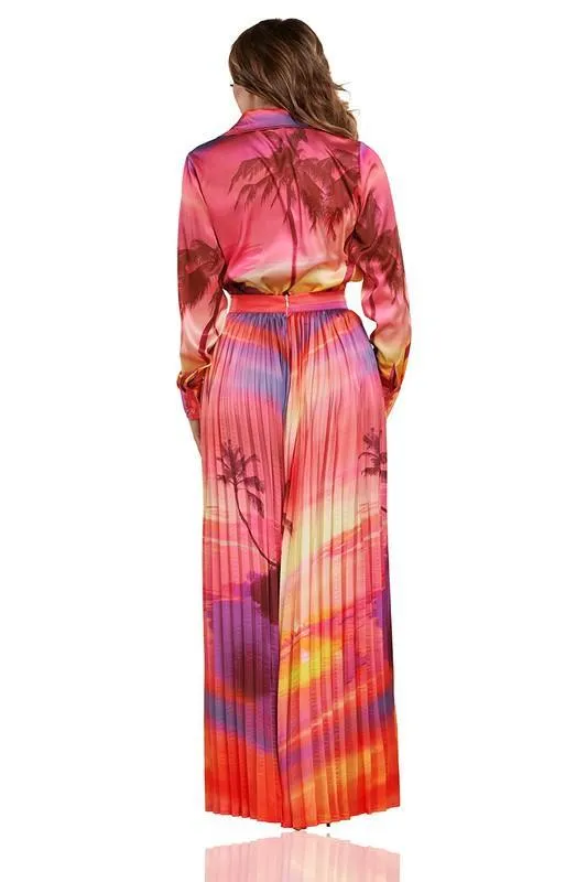 Sunset Print Ombre Woven Shirt and Maxi Skirt Set