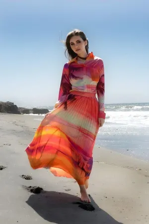 Sunset Print Ombre Woven Shirt and Maxi Skirt Set